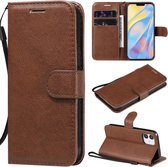Voor iPhone 12 effen kleur horizontale flip beschermende lederen tas met houder & kaartsleuven & portemonnee & fotolijst & lanyard (bruin)
