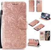 Voor iPhone 12 Pro 6.1 Lace Flower horizontale flip lederen tas met houder & kaartsleuven & portemonnee & fotolijst (rose goud)