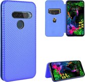 Voor LG G8s ThinQ Koolstofvezel Textuur Magnetisch Horizontaal Flip TPU + PC + PU lederen tas met kaartsleuf (blauw)