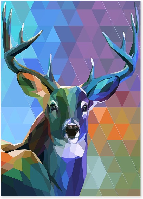 Graphic Message - Schilderij op Canvas - Hert - Geometrisch - Kleurrijk - Woonkamer Kunst - Blauw