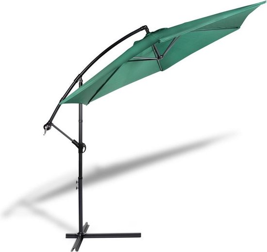 909 OUTDOOR Hangende parasol in donkergroen 2.5 m hoog, Tuinparasol met stalenframe en hoes, Parasol met zwengelgreep en kantelfunctie, Diameter 300 cm