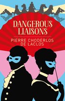 Boekcover 'Dangerous Liaisons' met twee silhouetten in 18e-eeuwse kledij, met blauwe maskers voor de ogen, en de titel in rode letters.