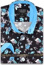 Heren Overhemd - Slim Fit - Hyacinth Print Satijn - Zwart - Maat S