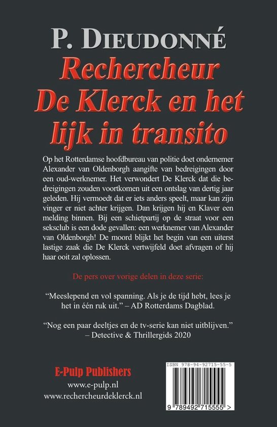 Boekomslag met de titel Rechercheur De Klerck en het lijk in transito, beschrijving van het boek en een ISBN-barcode.