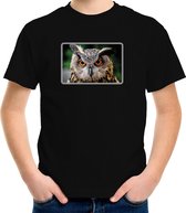 Dieren shirt met uilen foto - zwart - voor kinderen - roofvogel/ uil cadeau t-shirt L (146-152)