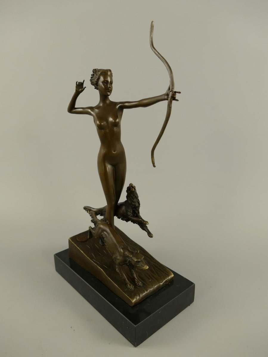 Bronzen beeld - Naakte dame met honden - Puur Natuur - 34 cm hoog