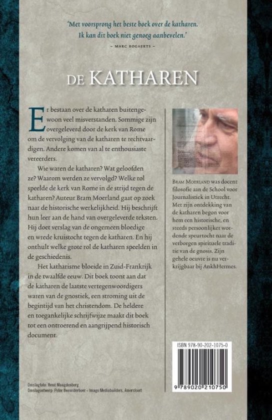 Boek kaft met tekst 'De Katharen' en een portret van Bram Moerland.