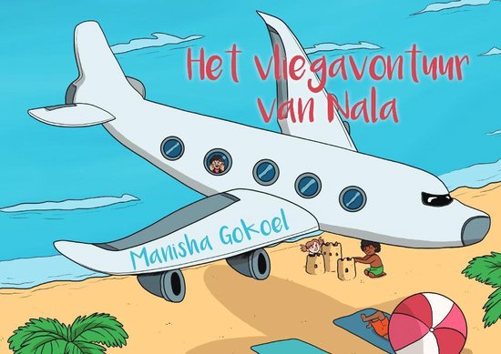 Boekomslag met een vliegtuig op een strand. Tekst: Het vliegavontuur van Nala.