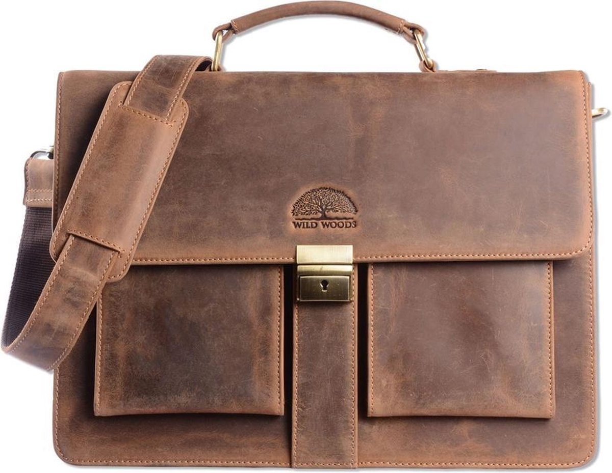 WILD WOODS Leren Briefcase Aktetas met 15,6 inch Laptopvak – Business Laptoptas – Buffelleer - Vintage Lichtbruin