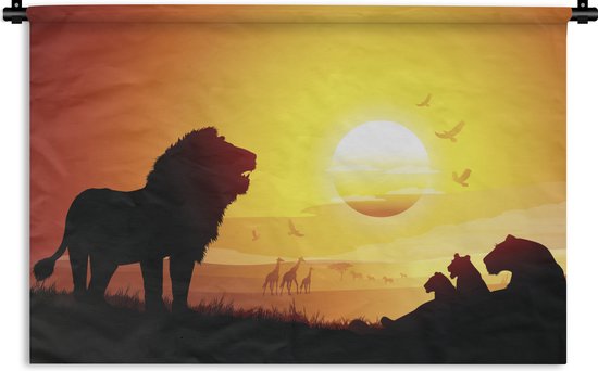 Wandkleed Afrika illustratie - Illustratie van een landschap in Afrika tijdens een zonsondergang Wandkleed katoen 180x120 cm - Wandtapijt met foto XXL / Groot formaat!
