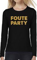 Foute Party goud glitter tekst t-shirt long sleeve zwart voor dames- zwart shirt met lange mouwen voor dames S