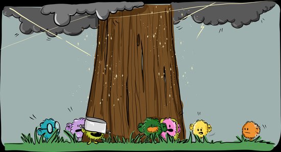 Kleine kleurrijke monstertjes schuilen voor onweer onder een grote, magisch glinsterende boomstam.
