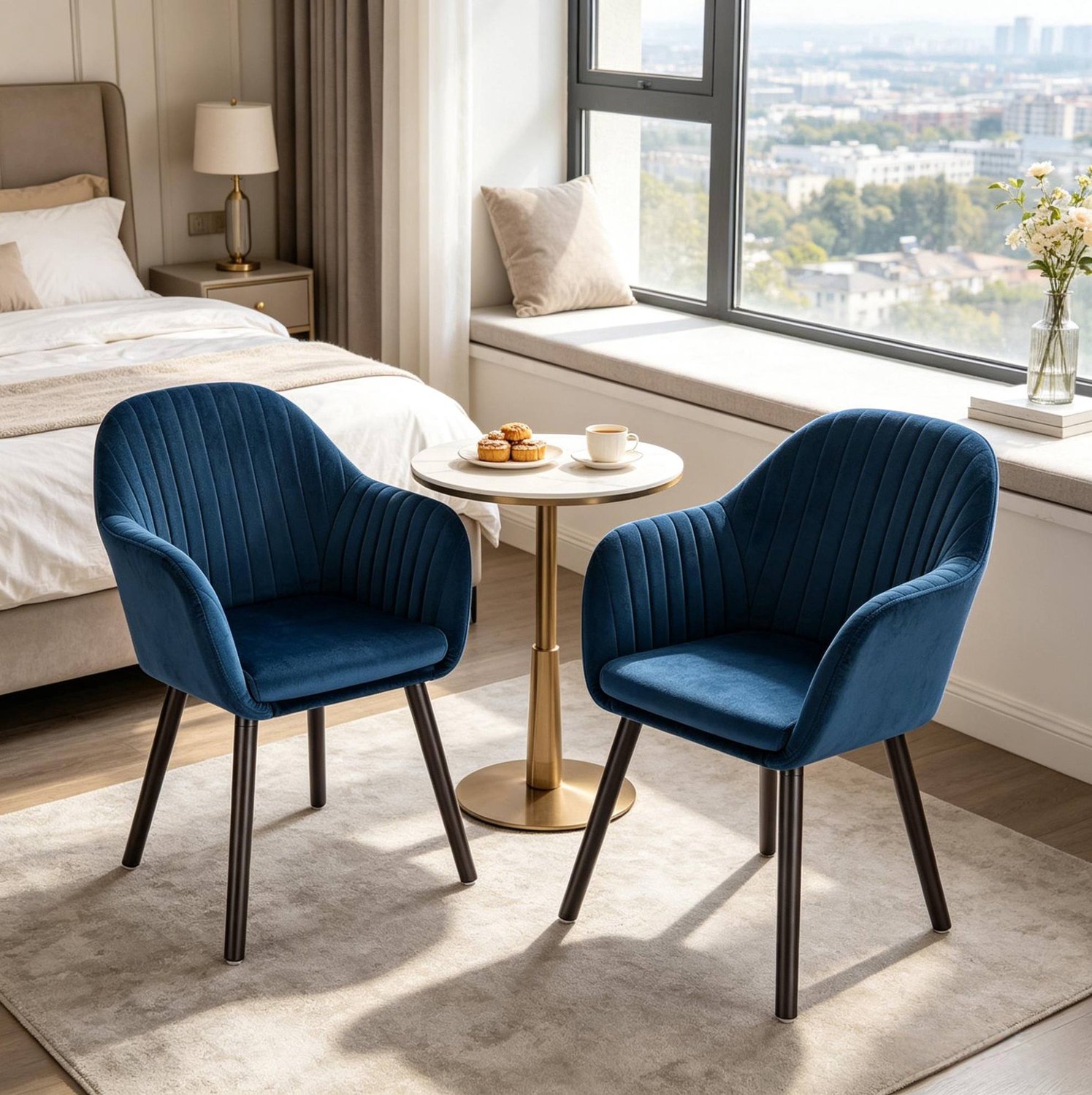 WUVRIE Eetkamerstoelen set van 2 - Met armleuningen en velvet bekleding - Blauw/zwart