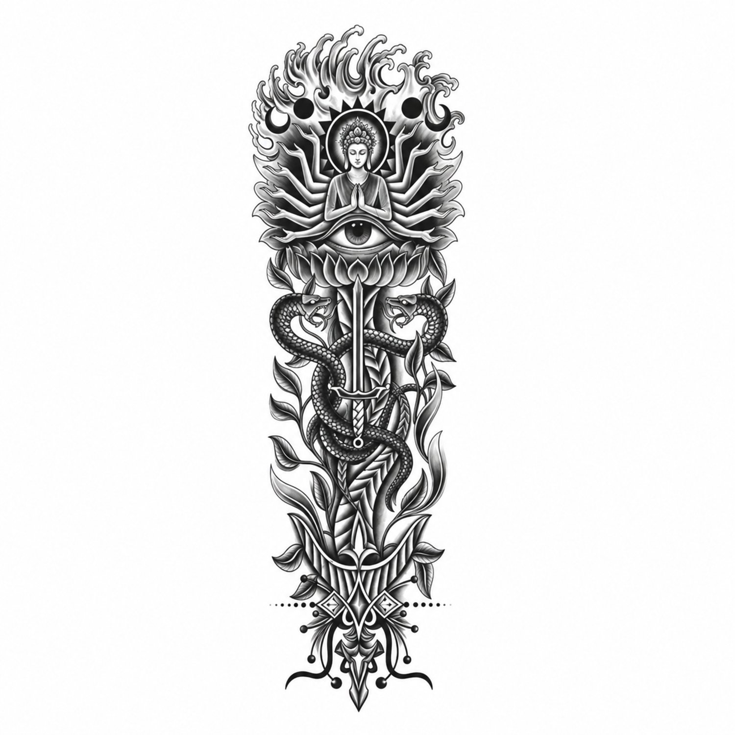 INKC - Tijdelijke Tattoo - Boeddha en Slang Sleeve II - Nep Tattoo - Plak Tattoos - Blijft tot 2 weken - 16 x 47cm