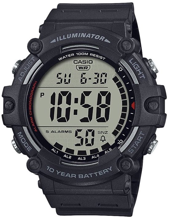 Zwart Casio digitaal herenhorloge met grote wijzerplaat, Illuminator-technologie, 10 jaar batterij en 100 meter waterbestendig.