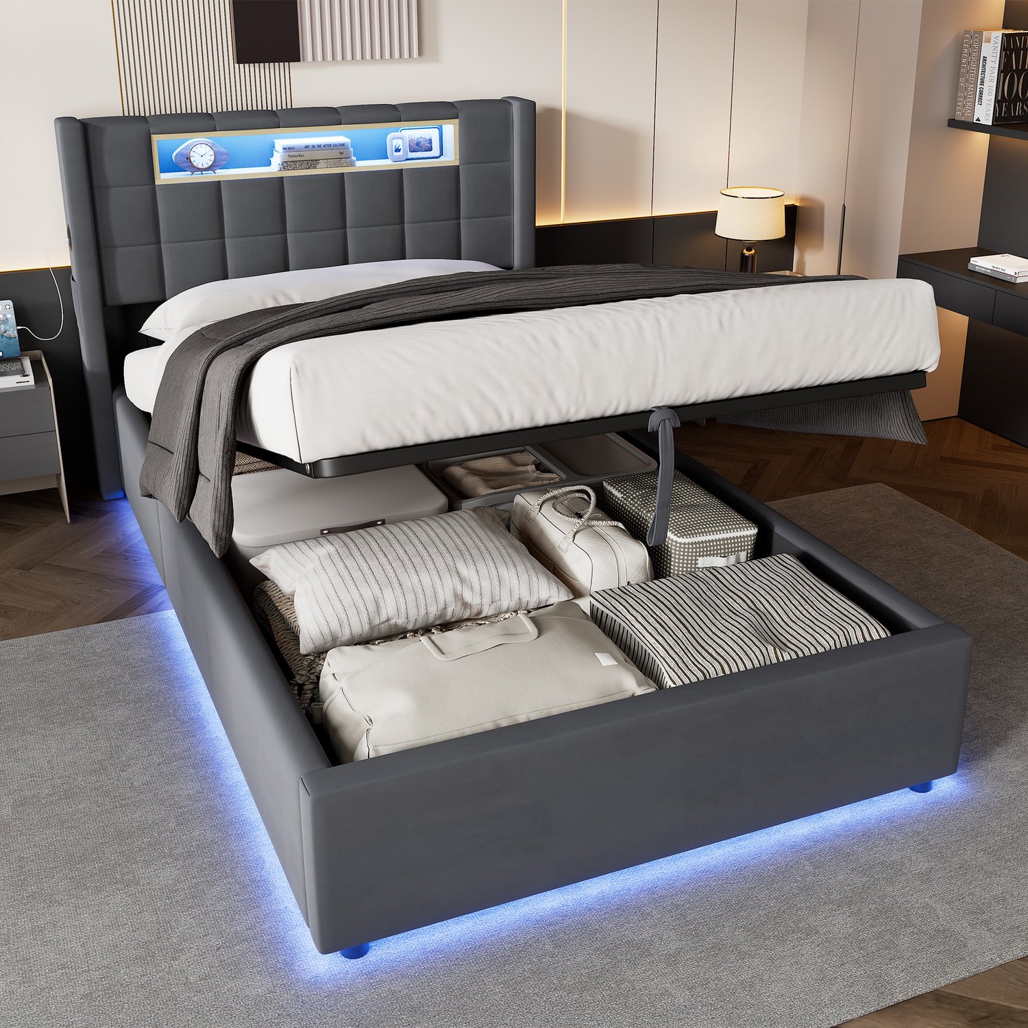 CHICFURN Eenpersoonsbed 90x200 cm - Slaapkamer - Opbergruimte en USB-laden - Hydraulisch opbergbed - Fluweel - Donkergrijs