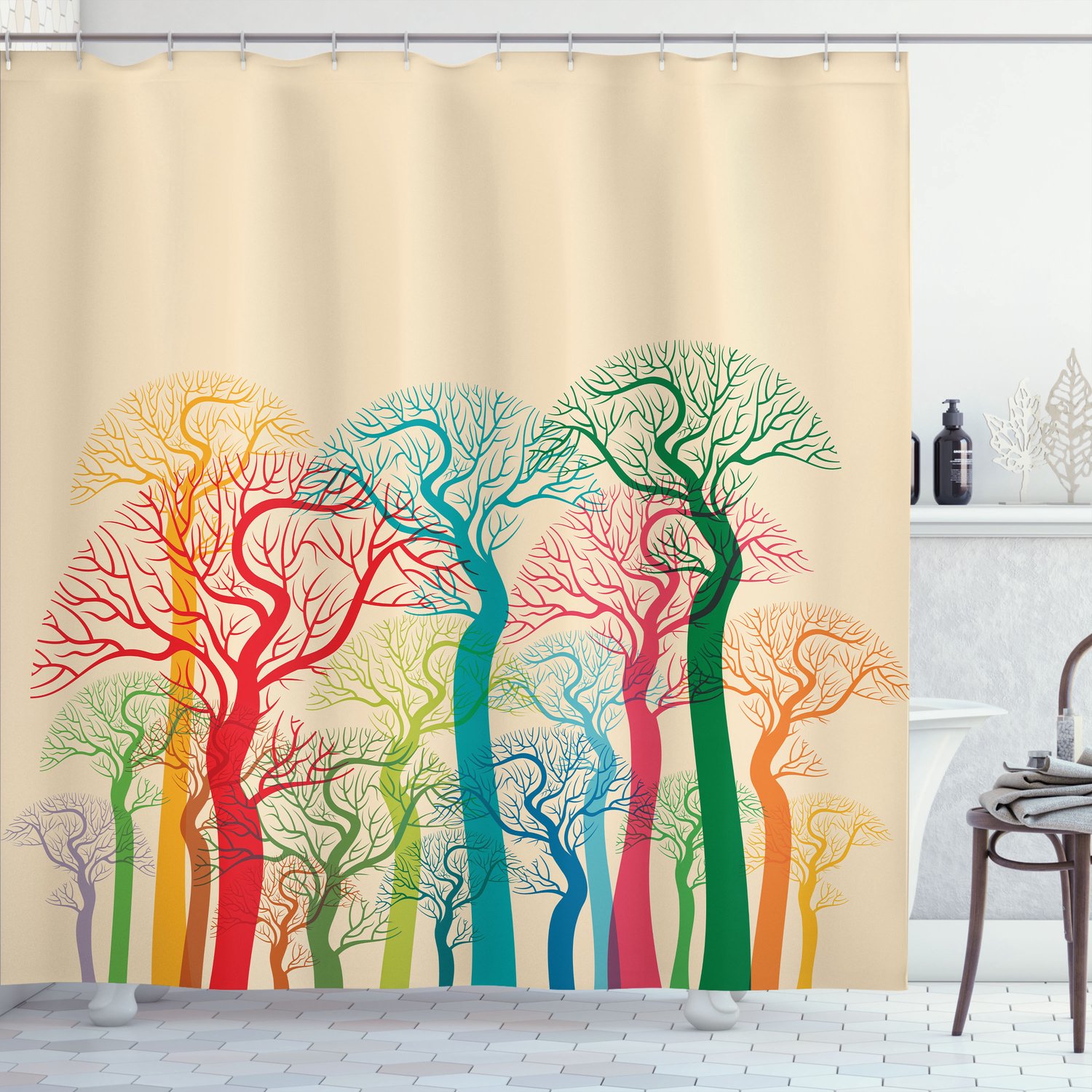 ABAKUHAUS Herfst Douchegordijn, Kleurrijke Abstracte Kale Boomtoppen en Takken, Creatieve Parkafbeelding, Stoffen Badkamerdecoratieset met Haken, 175 B x 200 L, Meerkleurig