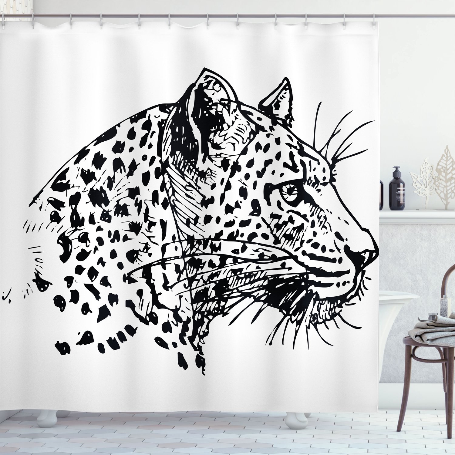 ABAKUHAUS Schets Douchegordijn, Jaguar Sketch Wildlife, Stoffen Badkamerdecoratieset met Haken, 175 x 180 cm, Wit Zwart