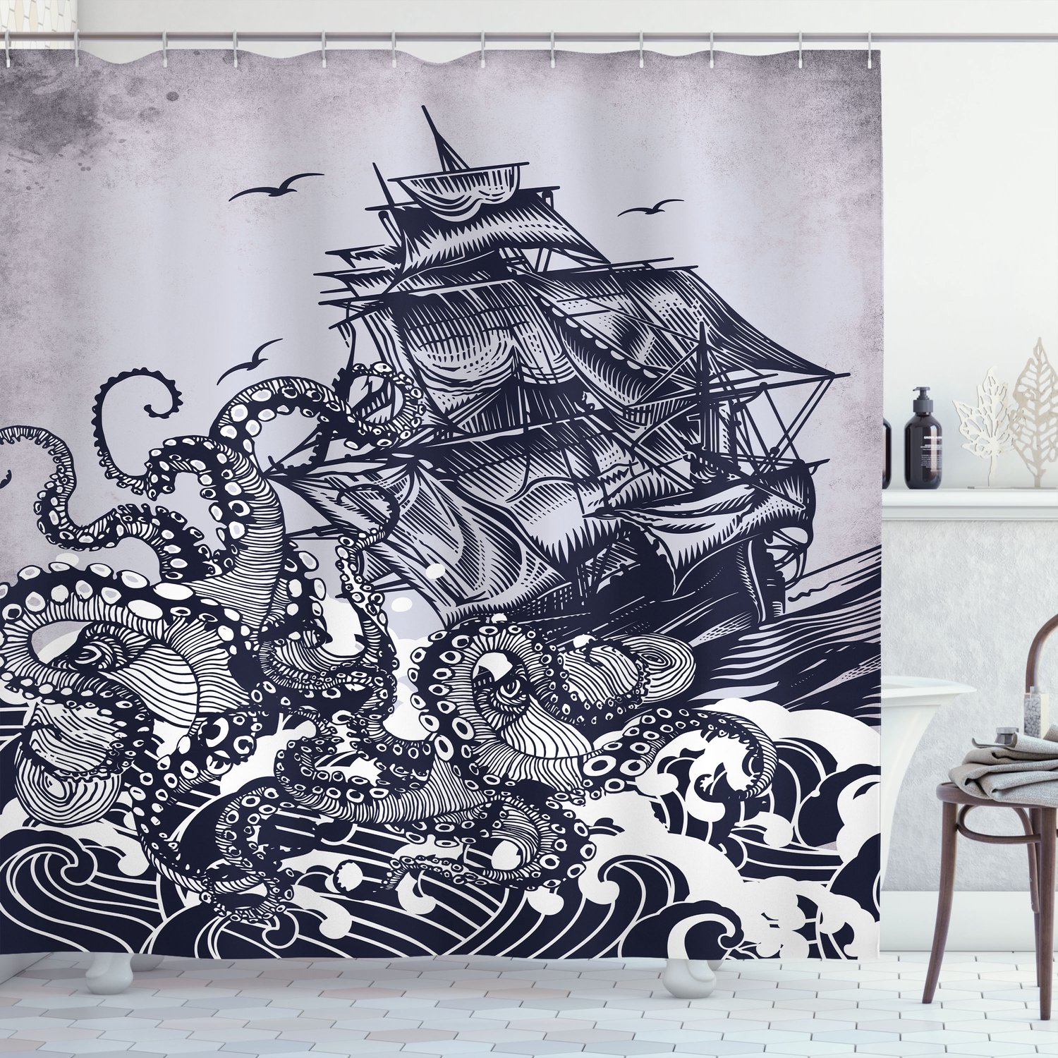 ABAKUHAUS Nautisch Douchegordijn, Octopus en Schip in de Storm, Met Set van 12 Ringen, Stijlvol en Modern, 175x200 cm, Indigo Purpleblue