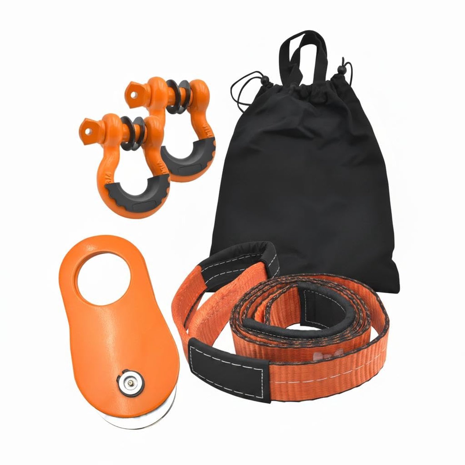 Danky - Offroad Bergingsset - Zware Trekband met Katrolblok en D-ringsluitingen - 7,6 cm x 2,4 m - 10 Ton - 1 Set - Oranje - Inclusief Opbergtas