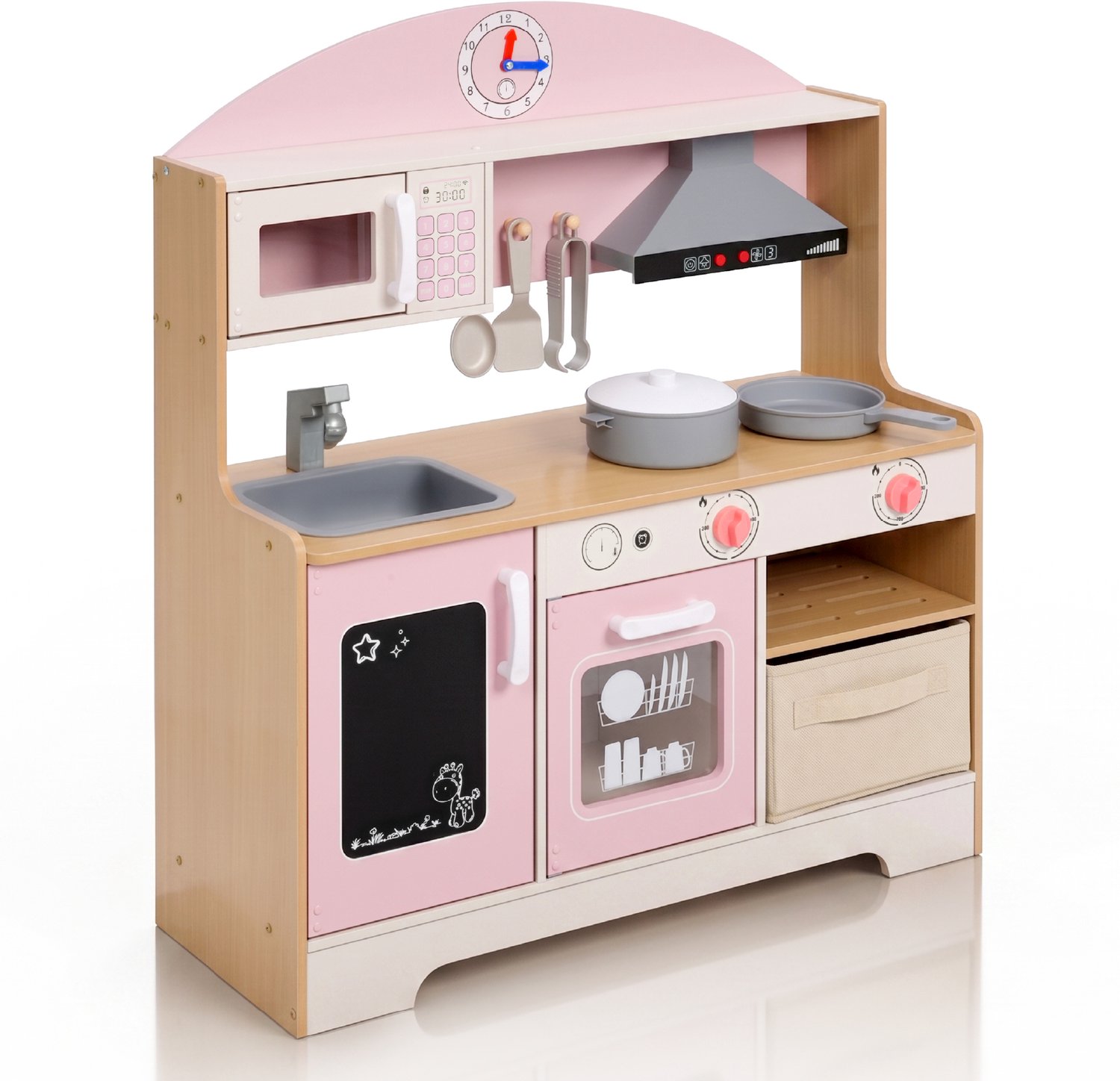 Houten kinderkeuken, Speelkeuken met accessoires, Magnetron en opbergsysteem, Educatief rollenspel