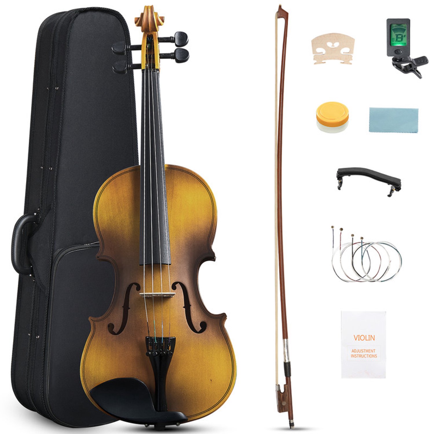 Viool 4/4 van massief esdoornhout, Ambachtelijke viool voor beginners en studenten, Hars en complete accessoires