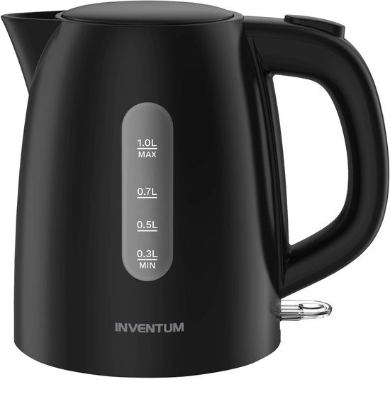 Zwarte Inventum waterkoker met waterpeilvenster van 0,3L tot 1L en merknaam onderaan.