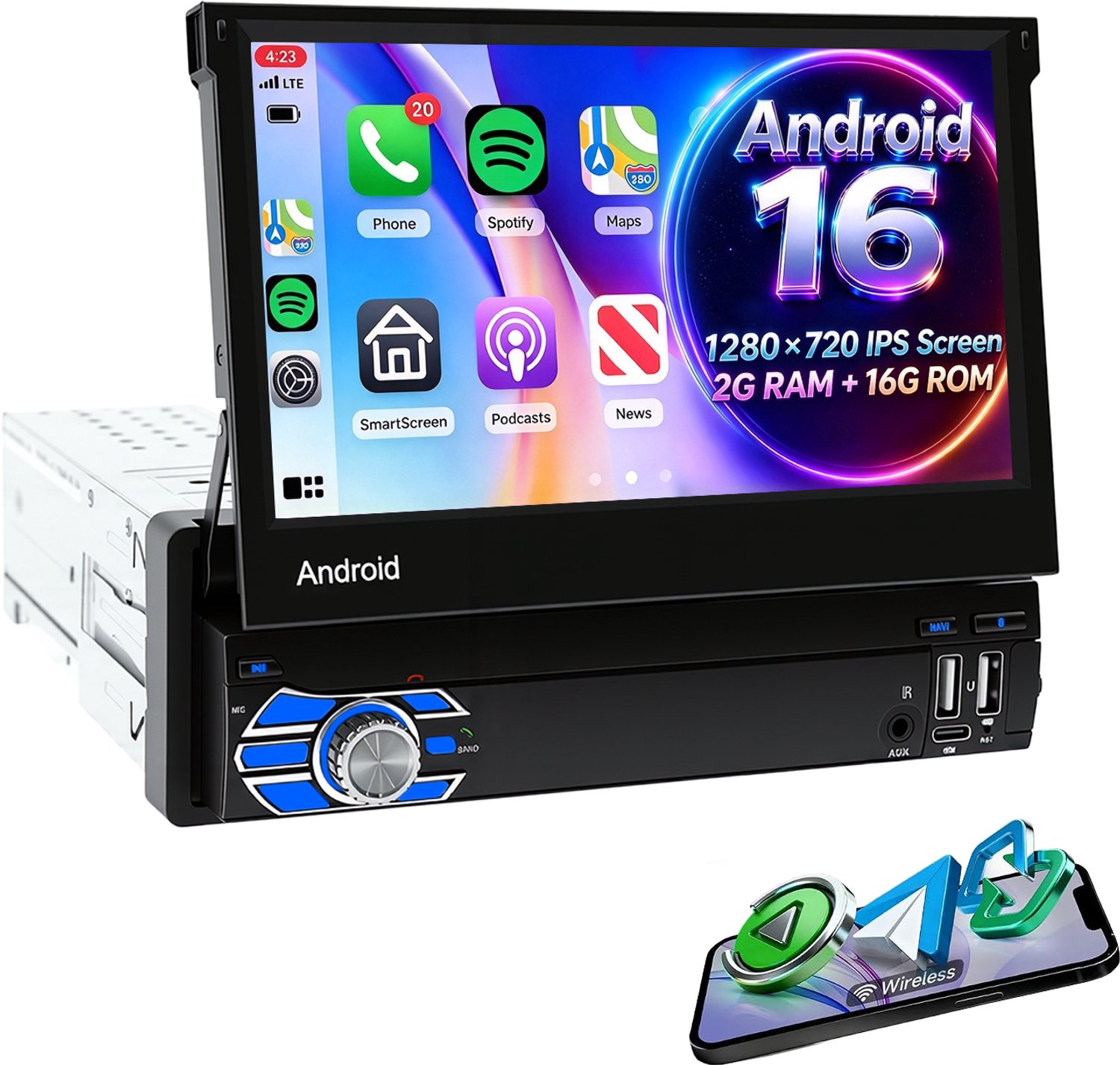 ESSGOO autoradio 1 din - Apple CarPlay & Android Auto (draadloos) - 7" HD touchscreen handmatig opvouwbaar scherm - Android 16, 2+32GB - GPS, wifi, USB, AUX