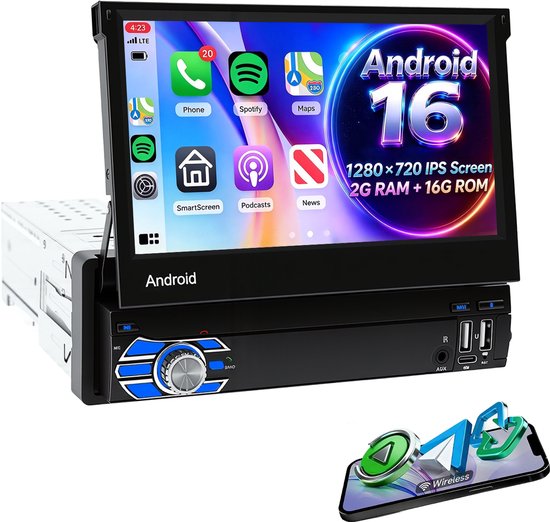 ESSGOO autoradio 1 din - Apple CarPlay & Android Auto (draadloos) - 7" HD touchscreen handmatig opvouwbaar scherm - Android 16, 2+32GB - GPS, wifi, USB, AUX