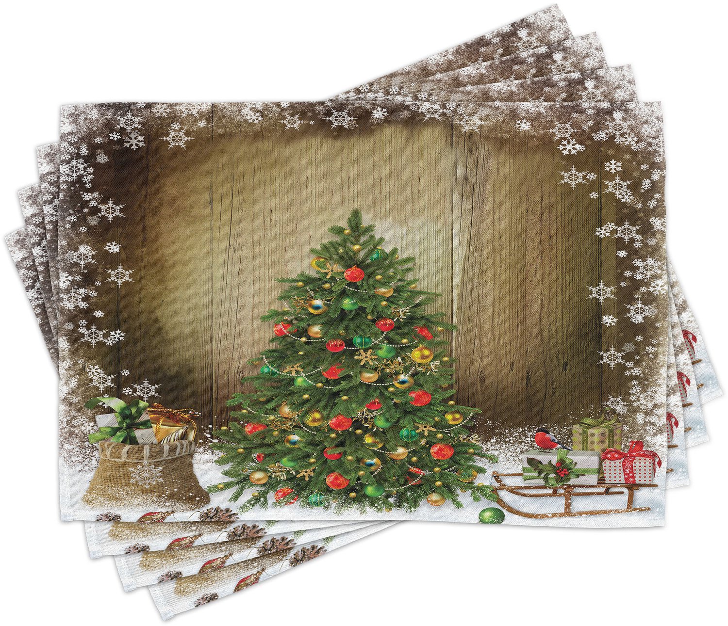 ABAKUHAUS Kerst Placemats Set van 4, Dennen Boom met Present Dozen op Besneeuwde Plank Kerst at Platteland Thema, Wasbare Stoffen Placemats voor de Eettafel, Standaardformaat, Koffiebruin Groen