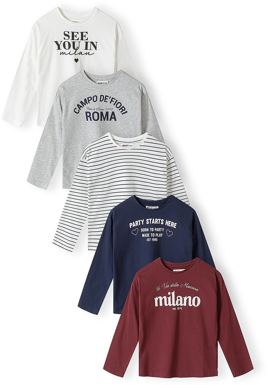 Minoti longsleeve meisjes – stadsteksten en streep – 5-pack – marineblauw en wit