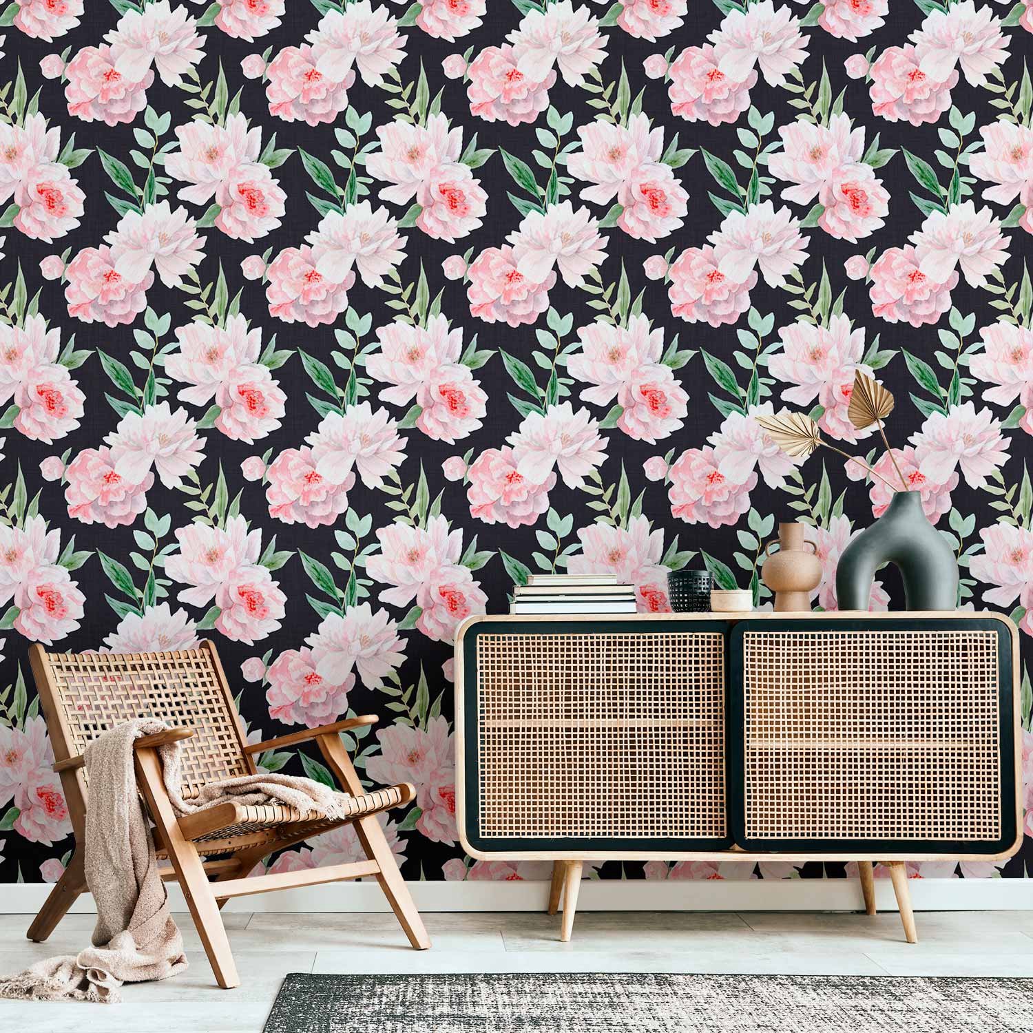 Behang - Peonies on graphite background