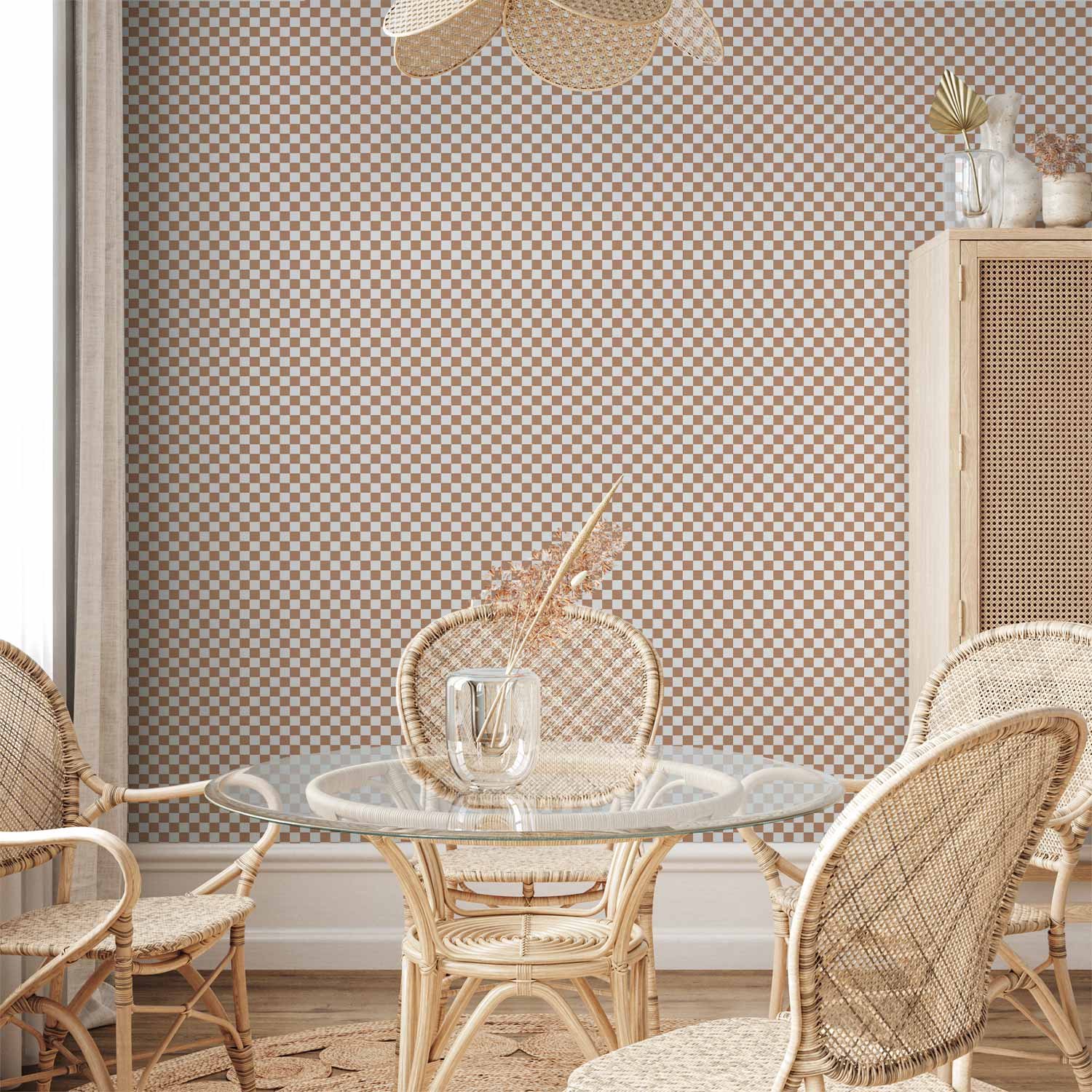 Behang - Checkerboard Pattern - Brown-White Grid with a Subtle Noise