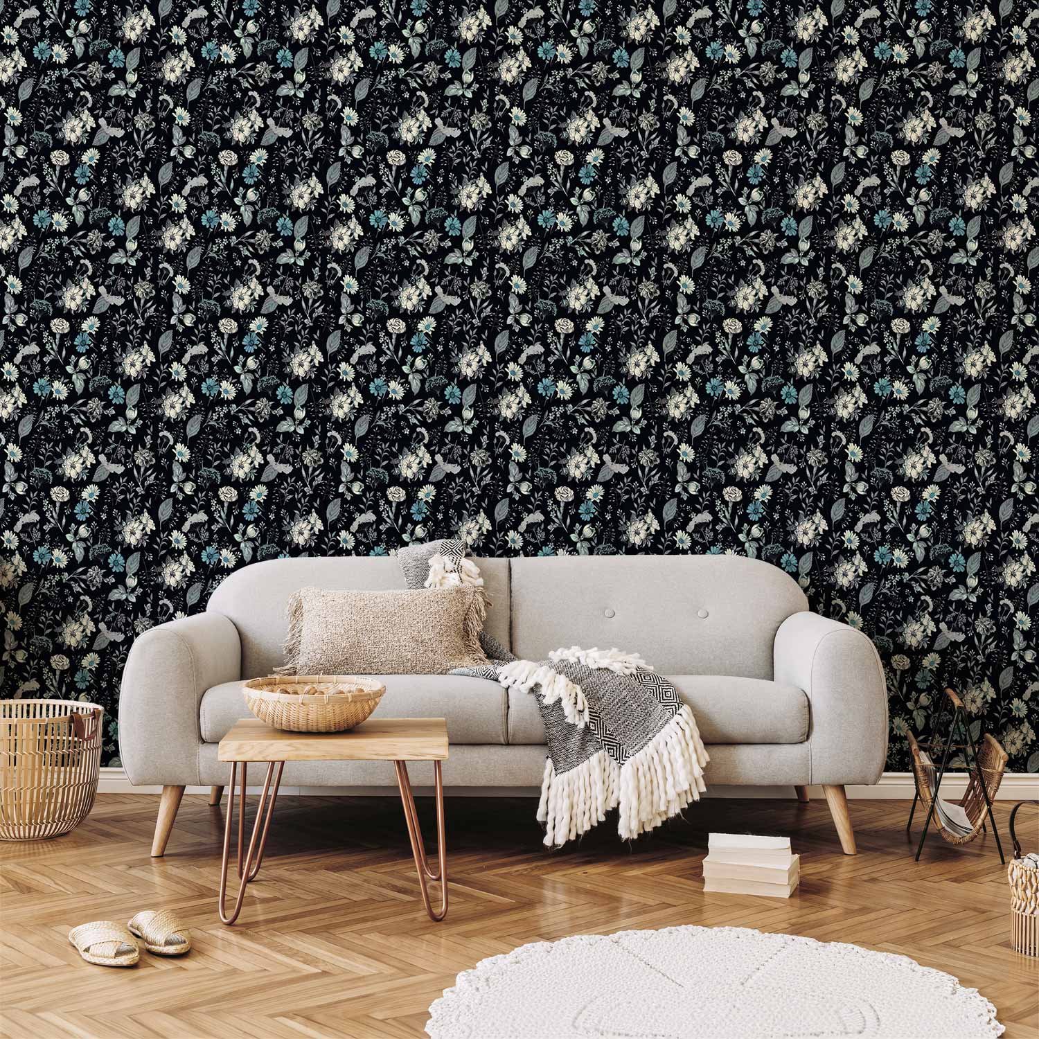 Behang - Fragrant flowers and herbs - blue