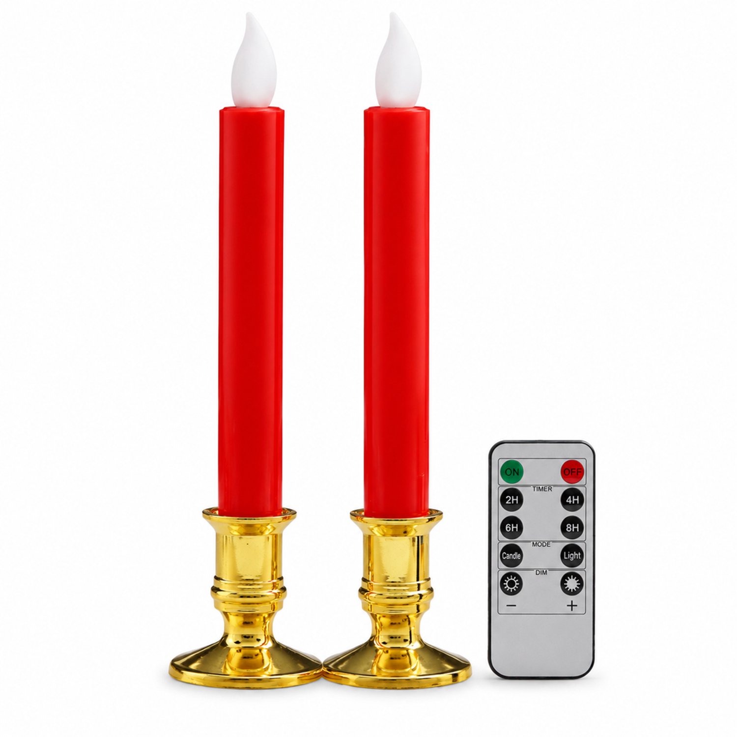 SWGOTA led kaarsen, set van 2 rode lange kaarsen met vlamvormige top, gouden voetstukken, batterijen en afstandsbediening Rood