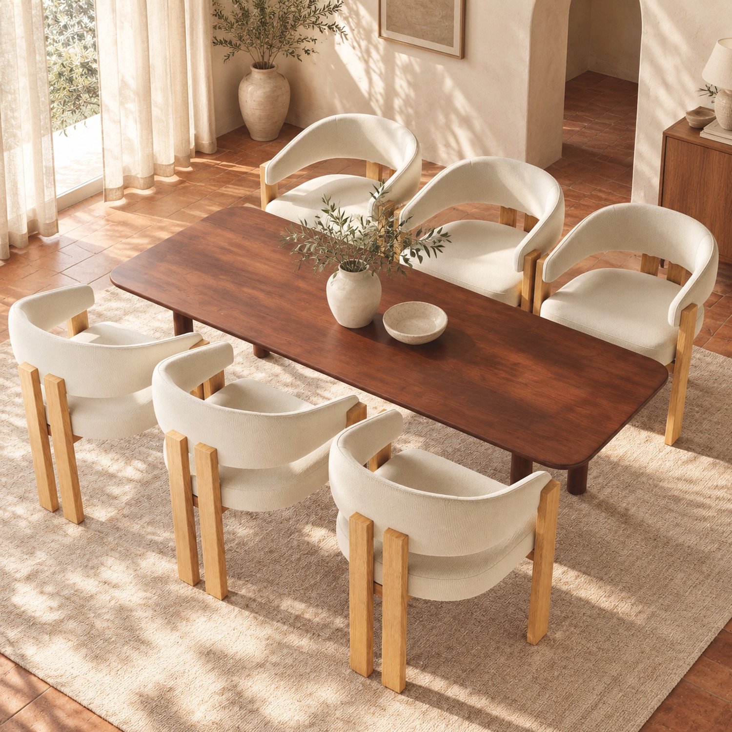 MODFU Set Van 6 Eetkamerstoelen - Gestoffeerd - Met Armleuningen - Metaal Met Houtlook - Beige