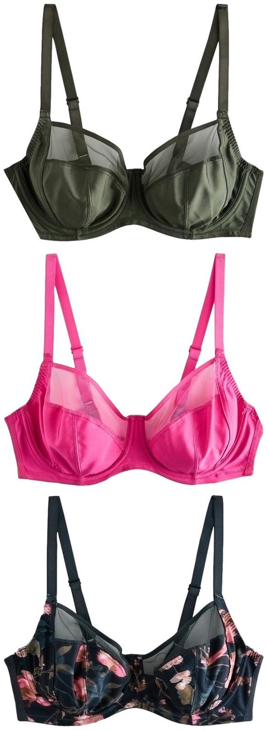 Next Dames - Set van 3 DD+ beha's zonder vulling met volledige cups en ondersteuning aan zijkant - Zwart Black Floral/Pink/Green