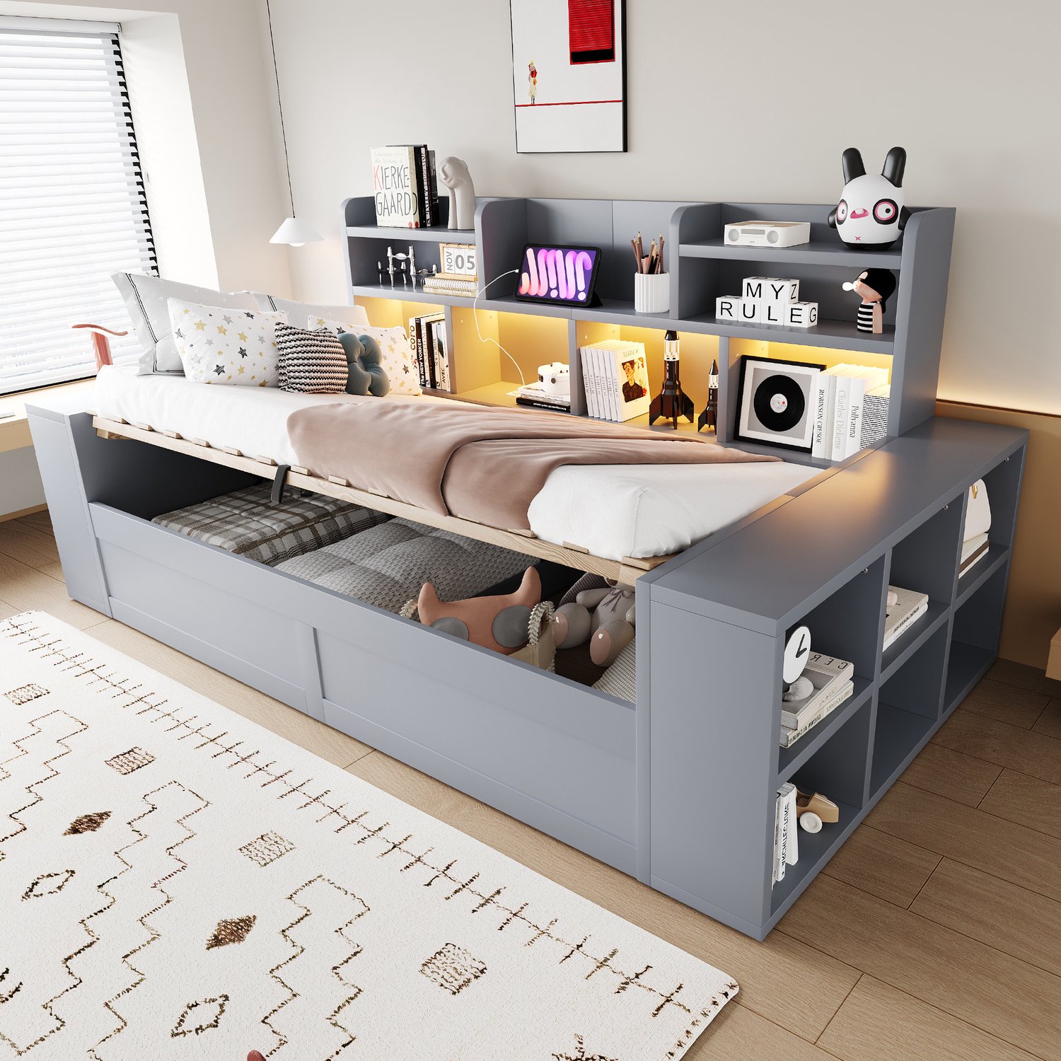 Clruro Gestoffeerde Bank - 90x200 cm - met Gasveer - Opbergvakken en LED - Hout/MDF - Grijs