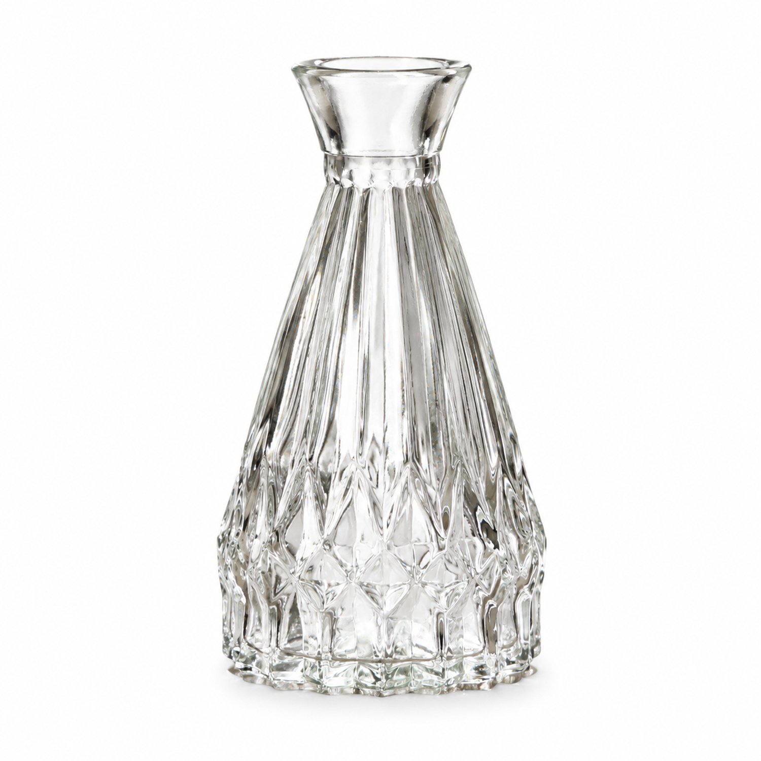 SWGOTA Transparant glazen vaasje - 12,2 cm hoog, diameter 6,8 cm - Retro reliëf en uitlopende opening - Voor kunstbloemen - In kartonnen doos