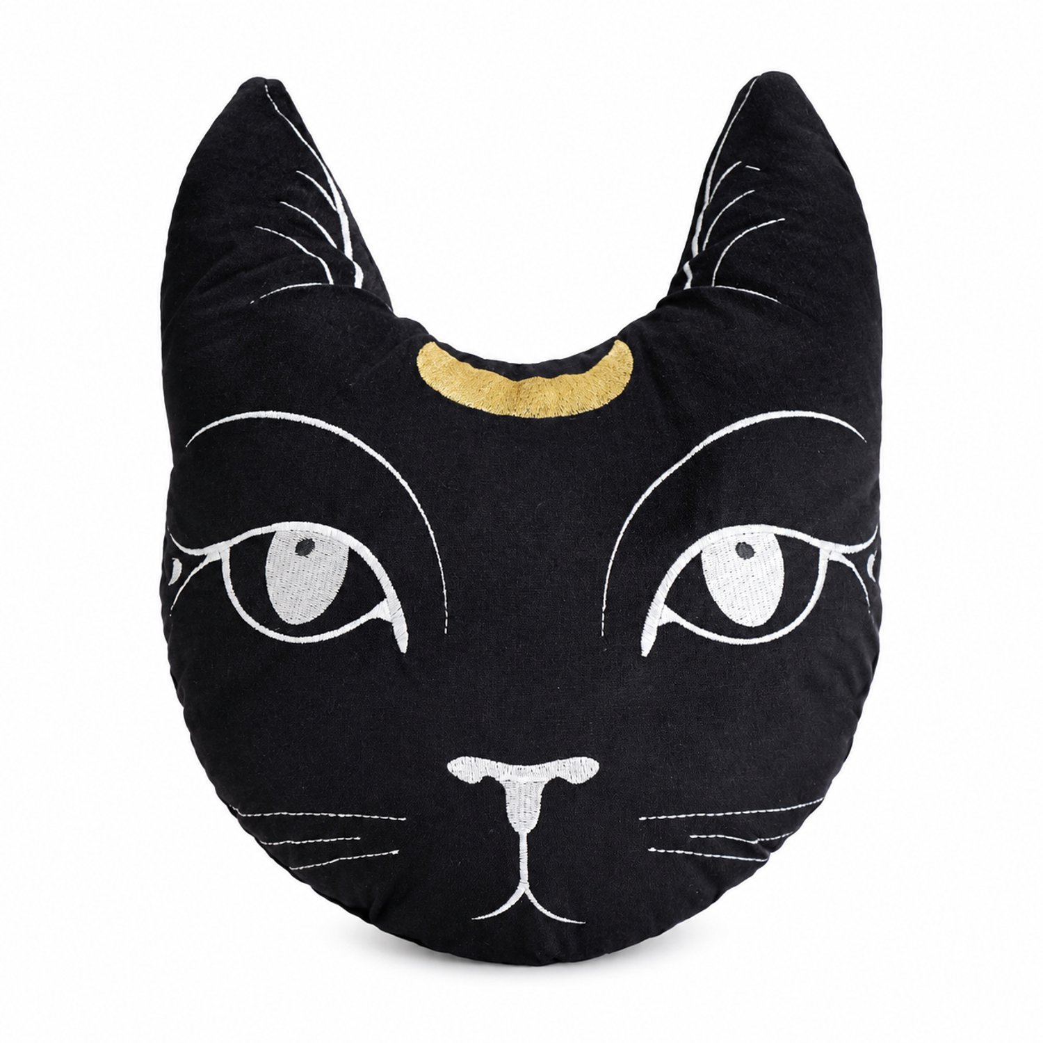 Zwart sierkussen in kattenkopvorm 34 x 43 cm - Inclusief vulling - Geborduurd kattengezicht en goudkleurige maansikkel