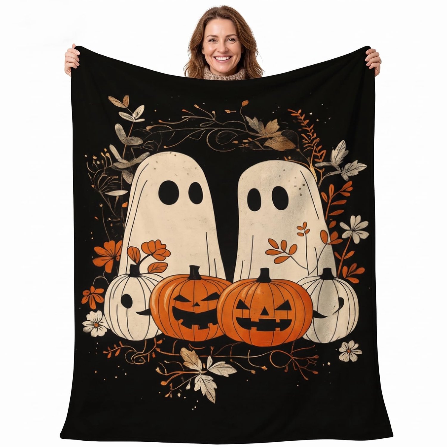 Famanu Halloween plaid omkeerbaar 150 x 100 cm, zachte fleece met lantaarn en pompoen motief, voor griezelige decoratie op de bank, geschikt als leuk cadeau (zwart/oranje)