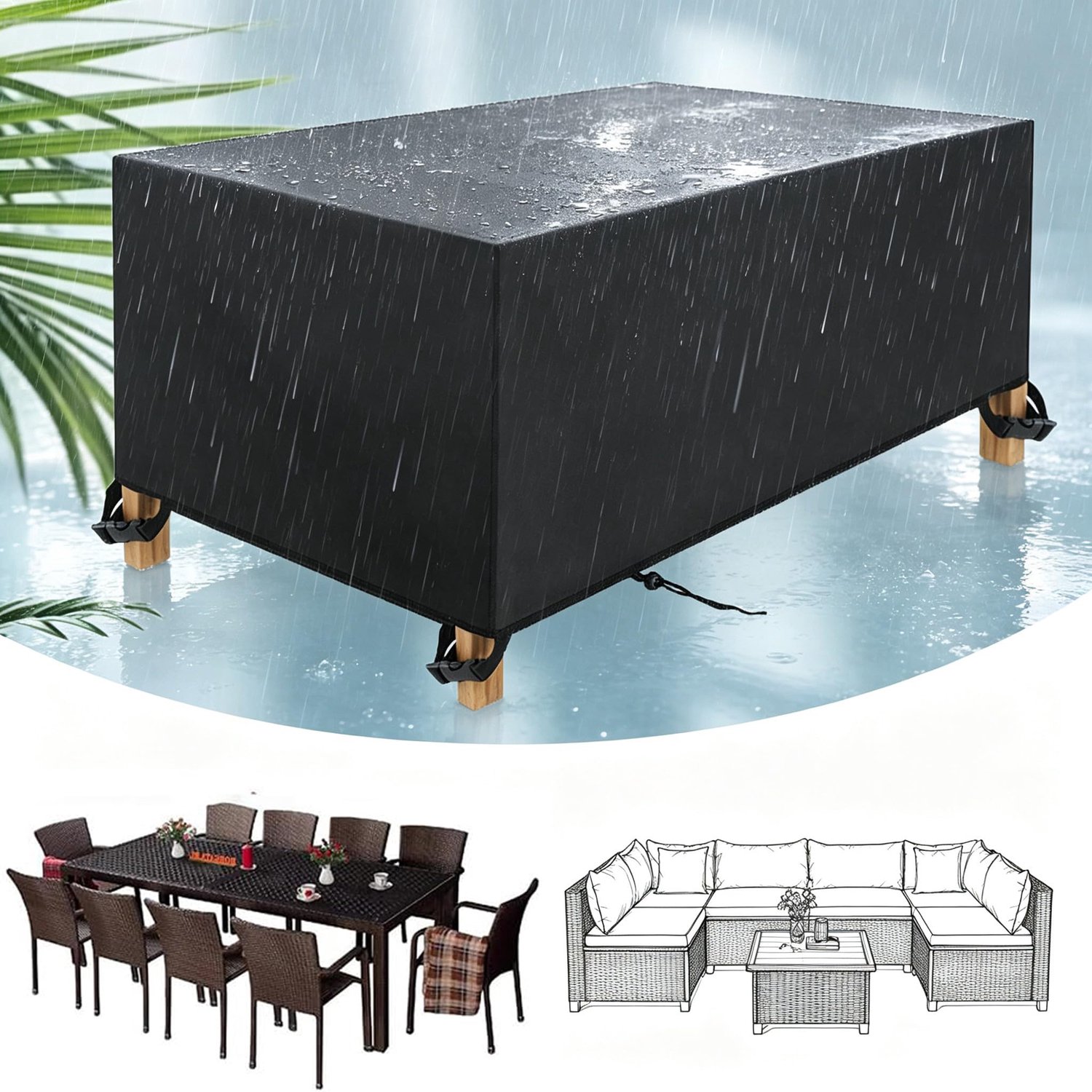 Famanu Waterdichte rechthoekige hoes voor tuinmeubelen, 170 x 80 x 80 cm, gemaakt van 420D materiaal, zwart, bescherming tegen wind, UV-straling en scheuren, ideaal voor tuintafels en stoelen met trekkoord
