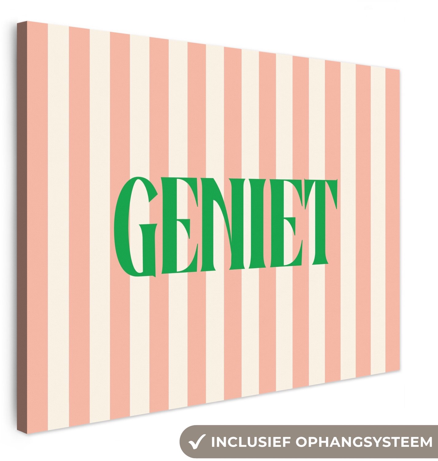 Canvas schilderij 120x90 cm - Exclusieve wanddecoratie Zachtroze - Groen - Strepen - Geniet - Muurdecoratie woonkamer - Slaapkamer decoratie - Kamer accessoires - Schilderijen op canvas groot XXL