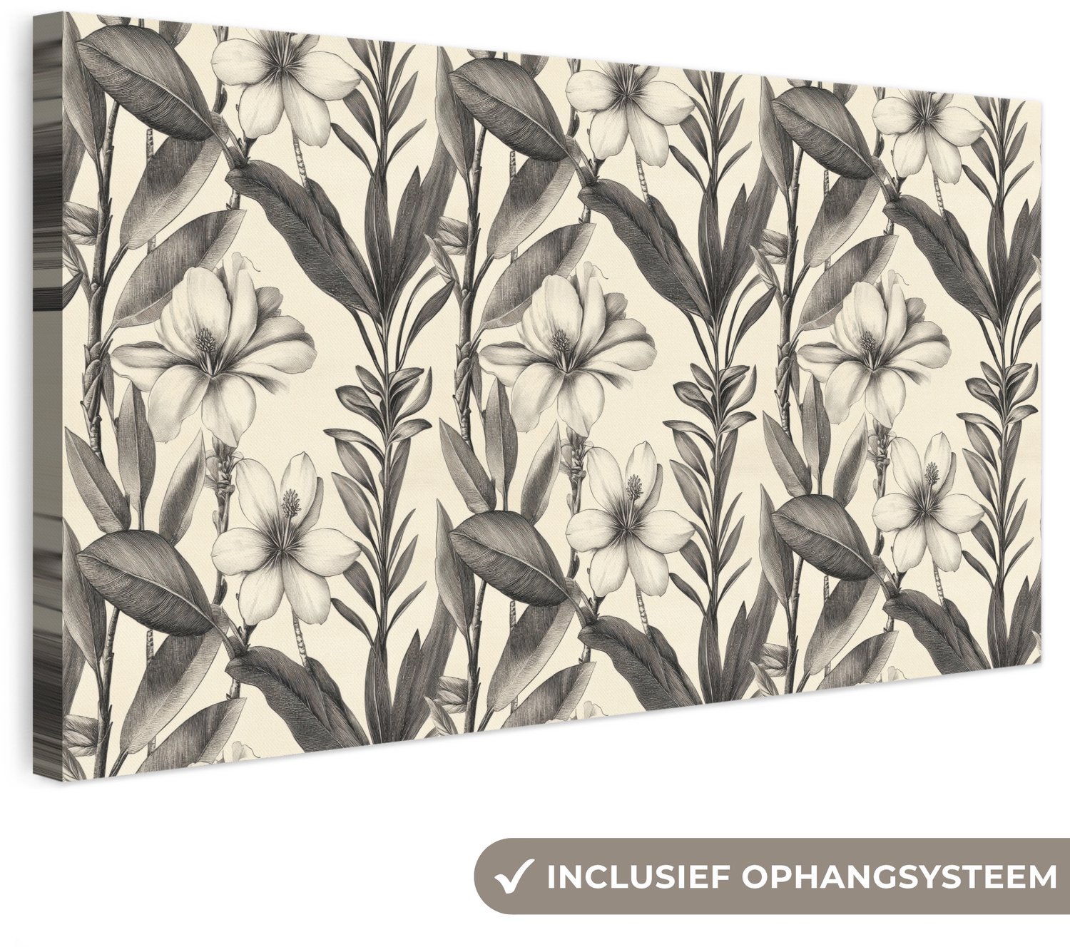 Canvas schilderij 100x50 cm - Exclusieve wanddecoratie Klassiek - Botanisch - Zwart - Beige - Muurdecoratie woonkamer - Slaapkamer decoratie - Kamer accessoires - Schilderijen op canvas groot XXL