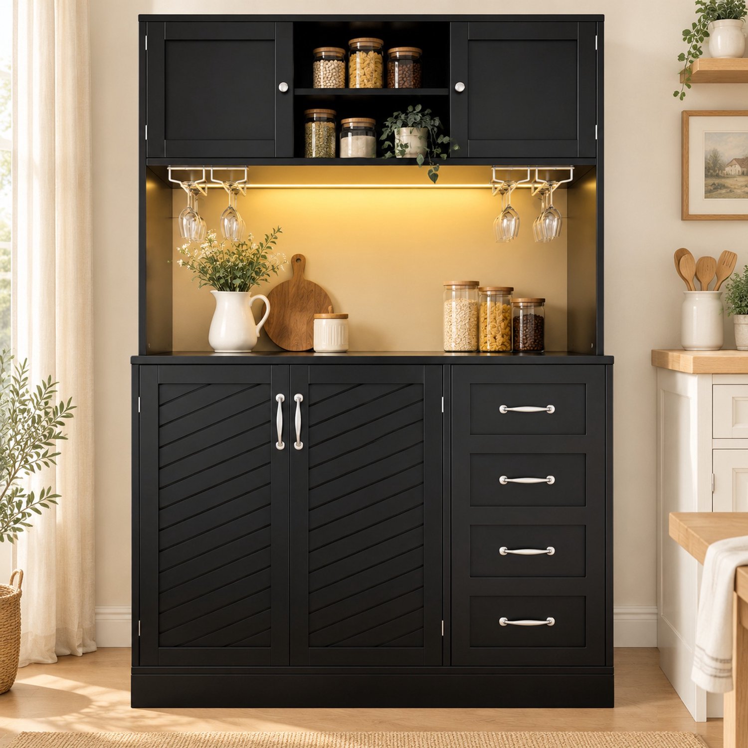 MIVRAY Buffetkast - Met Ledverlichting En 4 Deuren 2 Lades - Voor Keuken En Woonkamer - MDF - 120x40x188 Cm - Zwart