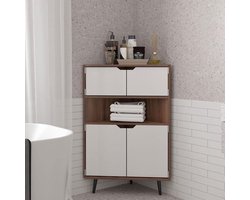 SogesHome houten hoekkast - wandhoekopbergkast en boekenkast - displaytafel met deuren en open plank, voor kleine ruimtes, woonkamer, wit & teak, NSDCA-10CZSSLR03TK