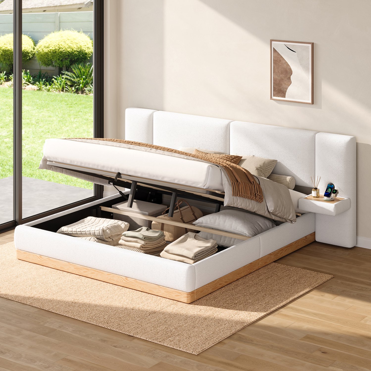 STILVORA Gestoffeerd Bed 140x200cm – Hydraulische Opbergruimte – Lattenbodem – Zijplanken met USB – MDF – Zonder matras – Wit en Naturel Wit, naturel