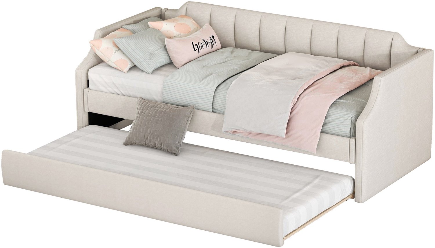 Merax Slaapbank 90x200 cm - Beige Linnen - Met Uitschuifbaar Logeerbed 90x190 cm - Gestoffeerd Bed - Voor Slaapkamer En Logeerkamer