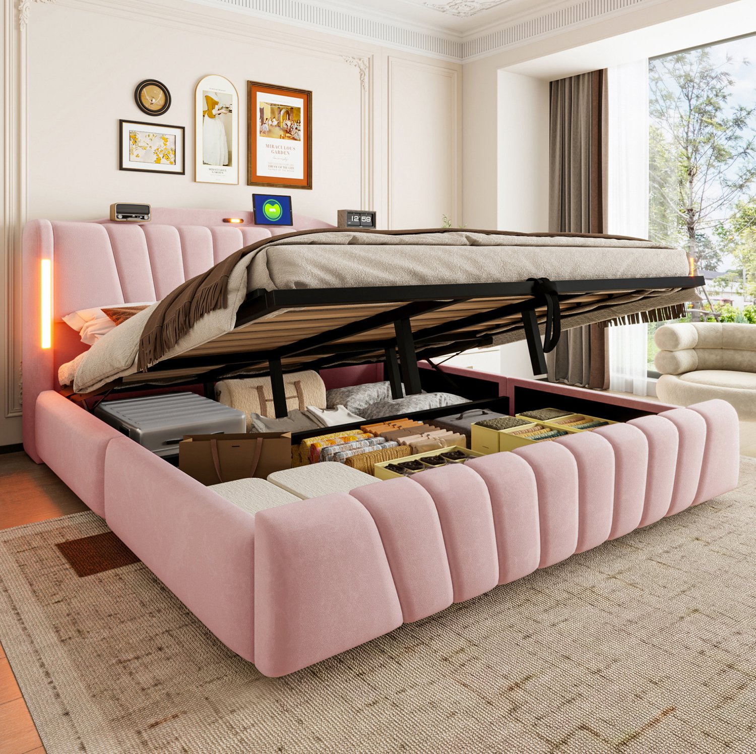 MIVRAY Bed 180x200 cm - Tweepersoonsbed met Hydraulische Opbergruimte - Ledlicht en Usb voor Slaapkamer - Matras Niet Vermeld - Fluweel - Roze