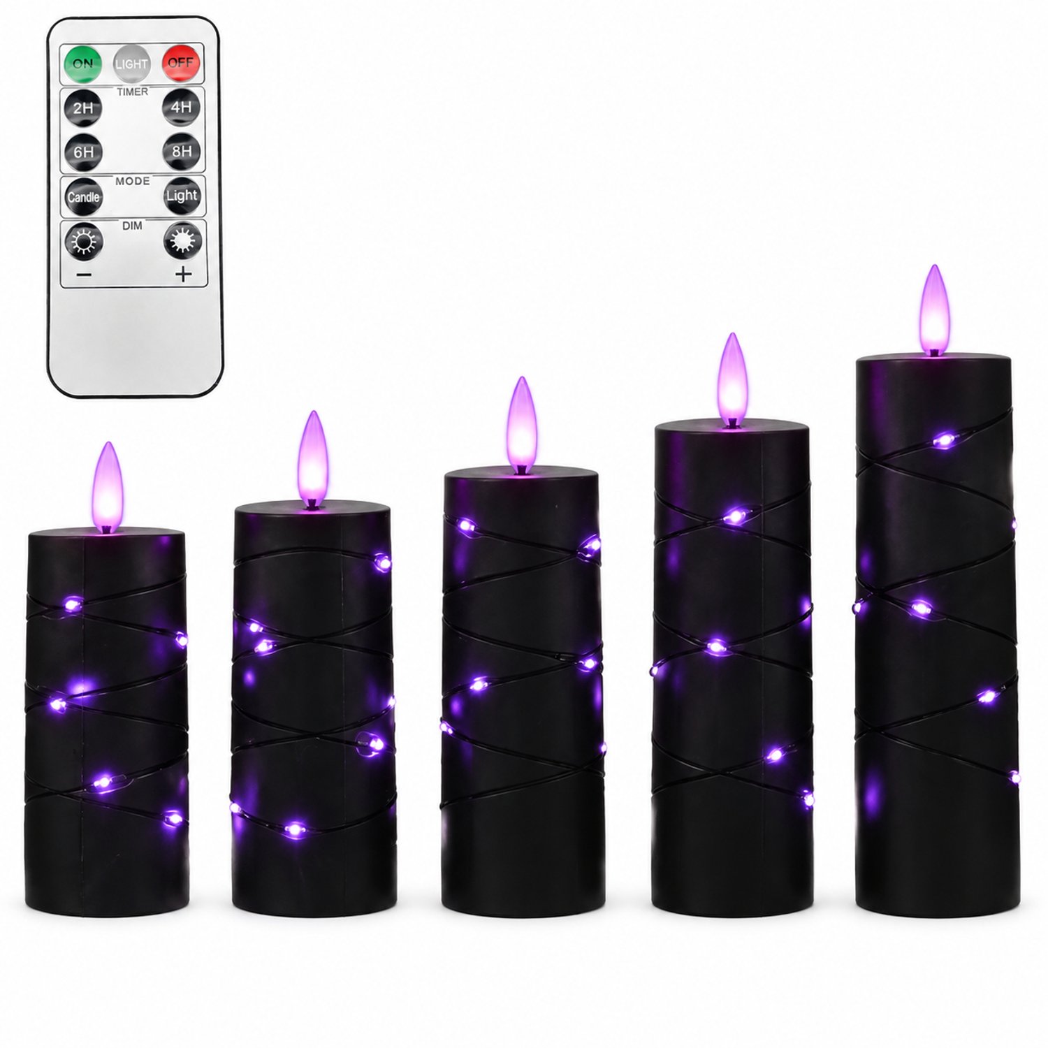 SWGOTA led kaarsen, 5 stuks per doos, zwart met paarse vlamvormige lichtpunten en lichtsnoeren, inclusief afstandsbediening, voor Halloween en bruiloften